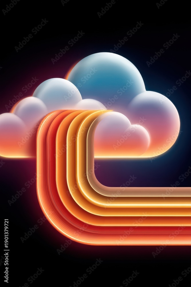 Obraz premium Neon cloud data flow illustration showing vibrant routes from cloud to mainframe
