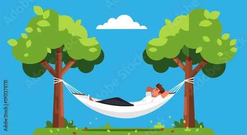 Relaxing man lying in a hammock between two trees vector illustration, peaceful rest and leisure time