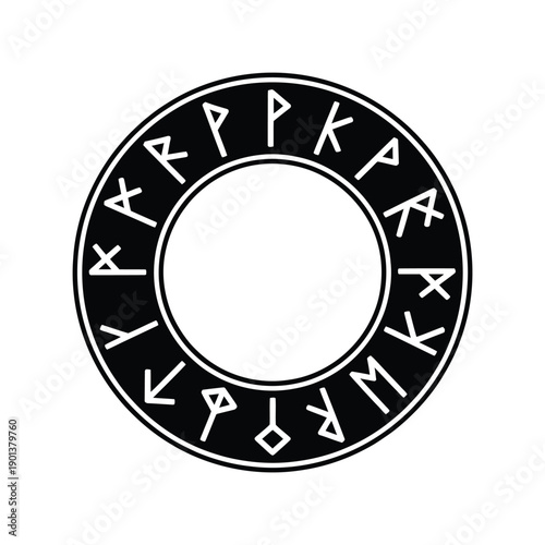 Black circle containing ancient runes arranged around a central void