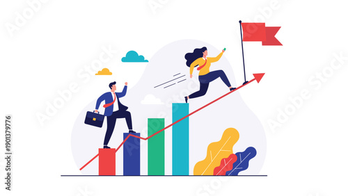 Successful business team members climb a bar graph toward a target flag symbolizing growth and achievement of goals.
