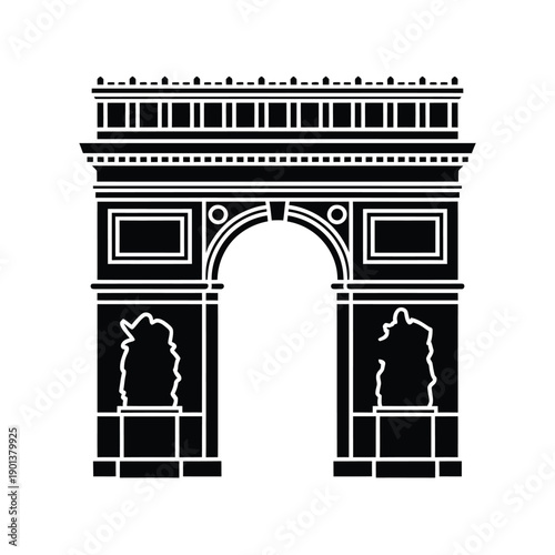 Simple black and white line art illustration of the arc de triomphe