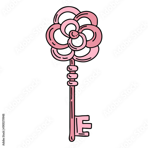 Hand drawn flower pink ornate key