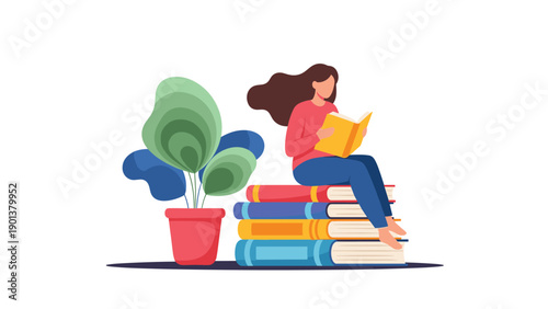 Student girl reads a book while sitting on a massive stack of literature next to a large potted plant for education.