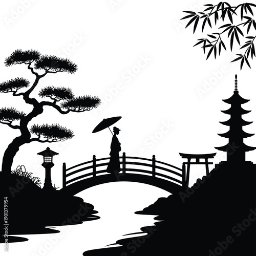 Silhouette of a woman with umbrella in a traditional japanese garden