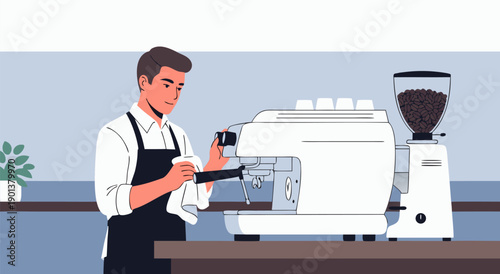 Skilled Barista Preparing Coffee with Espresso Machine, Vector Illustration of Coffee Shop Service