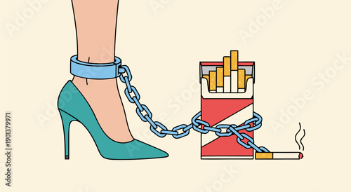 Addiction vector illustration Woman's ankle chained to a cigarette pack, symbolizing the struggle against smoking habit