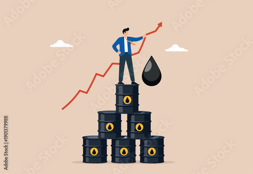 Oil price rising up, crude oil commodity price growth after crisis, high demand or energy or gasoline industry concept, businessman trader standing on stack of oil gallon drawing rising up graph.