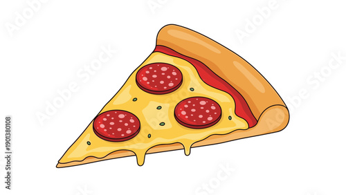 Delicious slice of pepperoni pizza with melting cheese and a golden crust is depicted in a vibrant cartoon style.