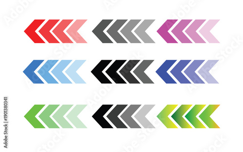 Set of chevron arrows in gradient colors pointing left on white background