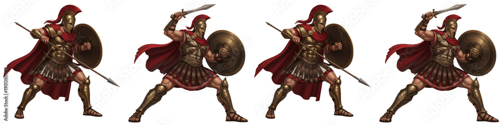 Obraz premium Set of Ancient Greek Spartan Warriors in Action Poses with Spears and Shields