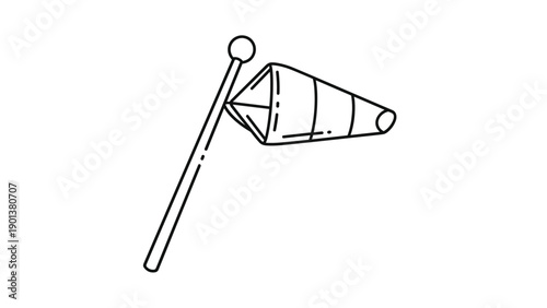 Simple black and white line icon of a windsock on a pole indicates wind speed and direction for aviation and meteorology.