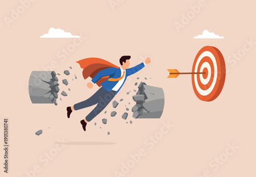 Overcome difficulty or challenge to success, obstacle or problem to solve and achieve target, determination or barrier concept, businessman superhero fly through obstacle to reach target.