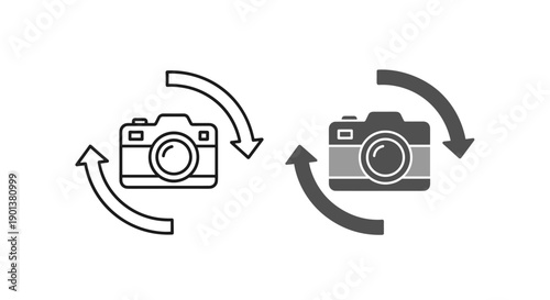 Digital camera rotate icon set featuring outline and solid styles for photography equipment orientation and flip use