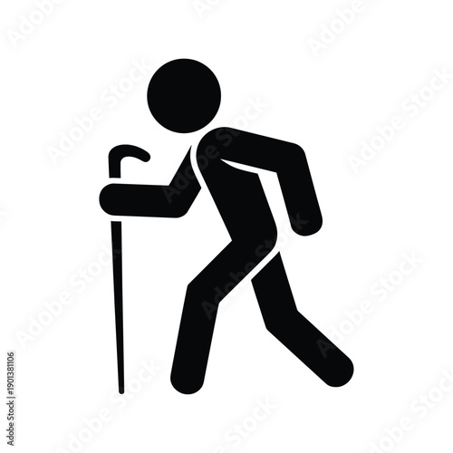 Simple black silhouette of a person walking with a cane