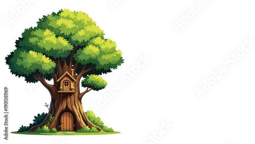 Giant oak tree with a small wooden house in the trunk and a hidden door at the roots provides a magical forest scene.