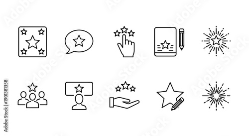 Set of star rating icons with hand, phone, tablet, speech bubble, group, fireworks, badge vector.