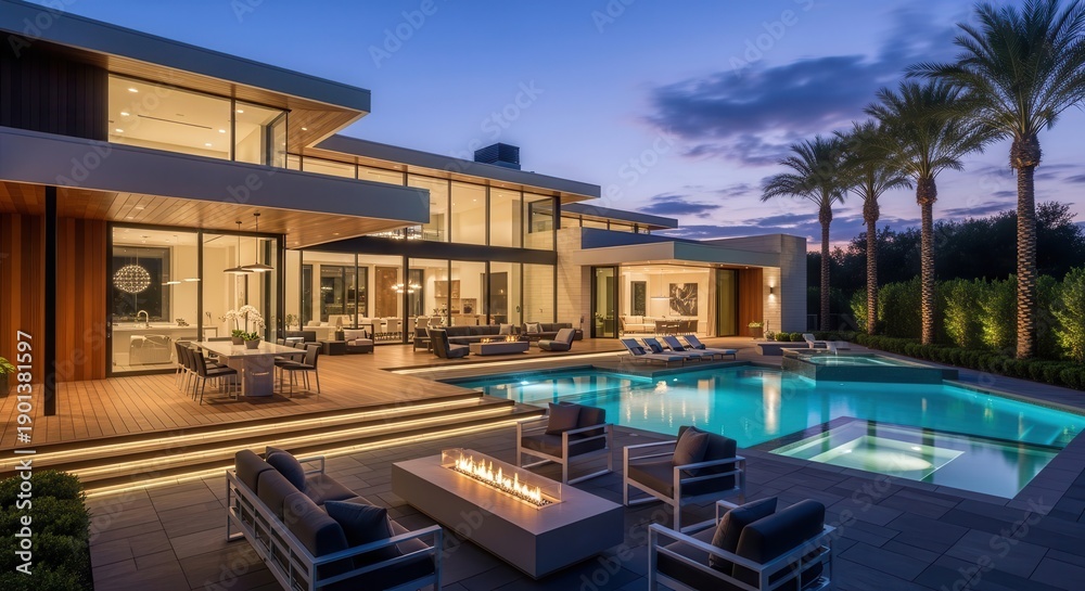 Fototapeta premium Modern luxury villa at dusk with illuminated pool and palm trees night scene