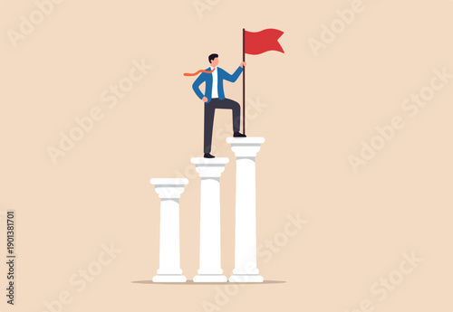 Pillars of success, foundation or support to achieve business target, challenge to be winner or rules of success, stable and strong leadership concept, businessman holding winning flag on pillars