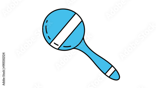 Simple blue baby rattle toy is depicted with a white stripe and a round handle in a clean and minimalist nursery-themed illustration.