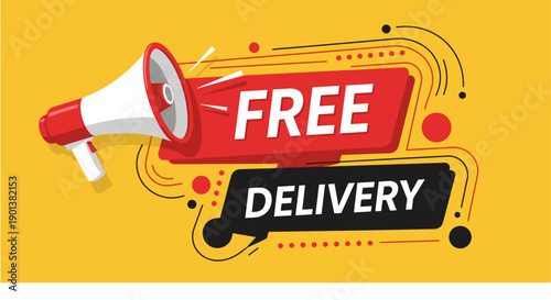 Promotion banner featuring megaphone and free delivery text with modern dynamic graphic design elements on yellow