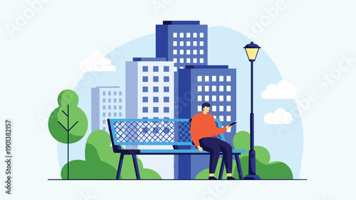Relaxed person sits on a park bench using a smartphone while modern blue city buildings and green trees stand in the background.