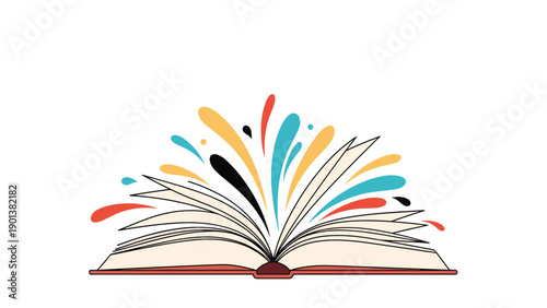 Open book bursts with colorful ideas and imagination leaping from pages creating a vibrant splash of creativity and inspiration.
