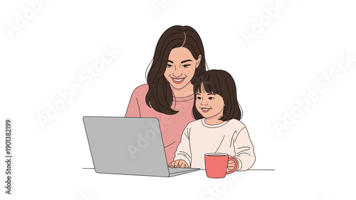 Warm mother and daughter explore learning together at a laptop desk with a red mug nearby and soft light creating a cozy home study scene.