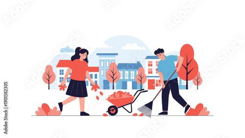 Two children rake autumn leaves in a sunny neighborhood as one pushes a wheelbarrow while the other gathers piles by cheerful houses.