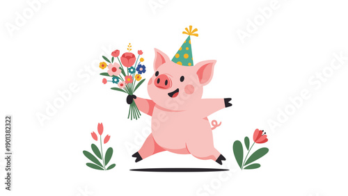Joyful pink pig wearing a party hat joyfully hops while holding a colorful bouquet and celebrates a festive birthday moment with playful charm.