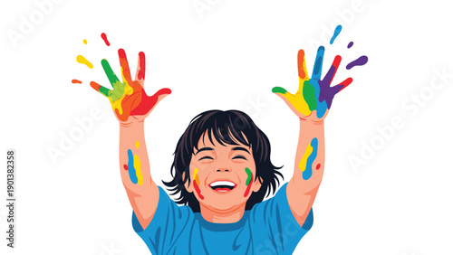 Joyful child with rainbow paint on hands raises arms in a bright blue shirt celebrating creativity and playful art in a vivid expressive moment.