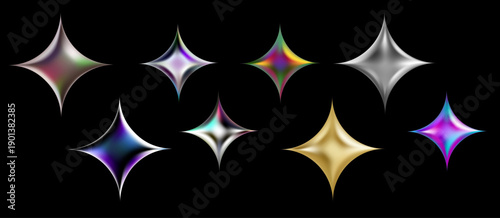 3D Abstract Stars Set in Polished Chrome, Liquid Gold and Holographic Gradients. Futuristic Y2K Iridescent Metalic Sparkles and Glossy Shapes for Luxury Branding.