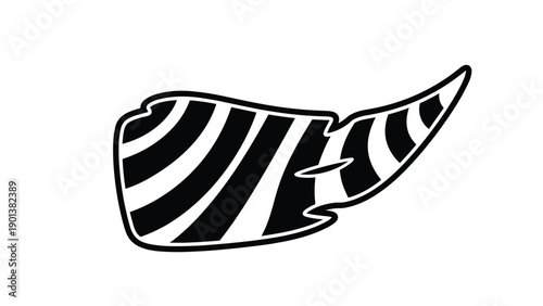 Stylized black and white wing or tail features bold zebra-like stripes in a clean graphic shape with a pointed tip on one side.