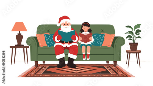 Santa Claus reads a storybook aloud while a young girl sits beside him on a green couch in a cozy living room with colorful cushions and a patterned rug.
