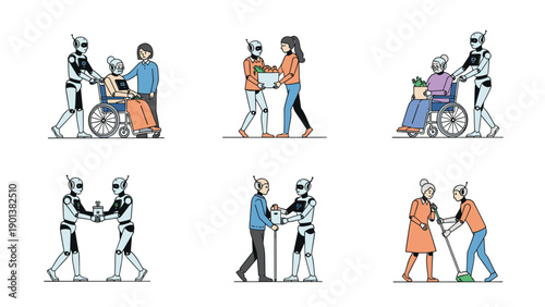 Six scenes show friendly robots helping elderly and disabled people with mobility aid medicine cleaning and social interaction in a care setting.