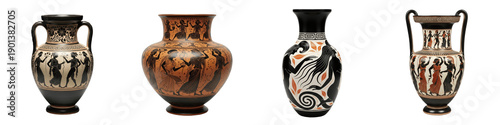 Fotografie Set of Ancient Greek Vases and Amphorae with Traditional Black Figure Art