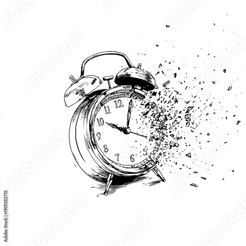 Illustration of a vintage alarm clock shattering into small pieces on a white background sketch style