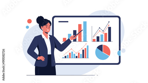 Confident business presenter explains data visualizations on a large screen highlighting bar charts line graphs and a pie chart to show insights.