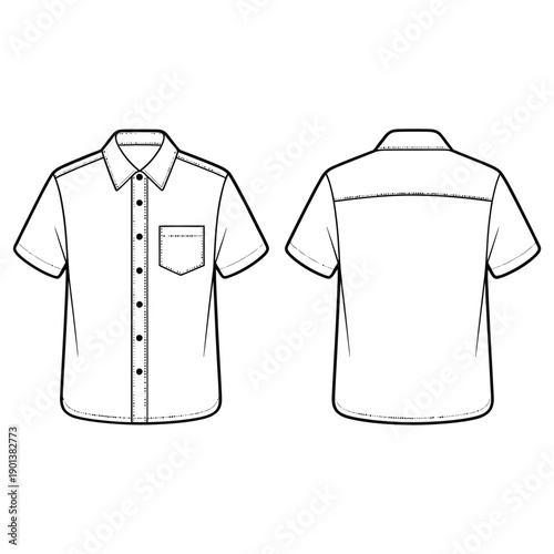 Technical illustration of a men s short sleeved button down shirt front and back
