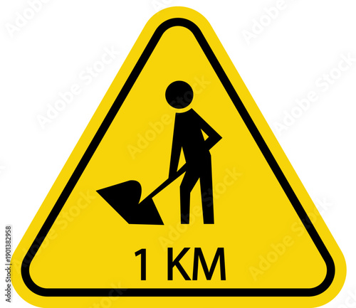 Road Construction Ahead 1 KM Warning Sign Icon – Work Zone Safety Symbol