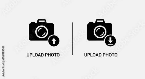 Camera icons with upload and download arrows for managing digital photography and media files on cloud storage