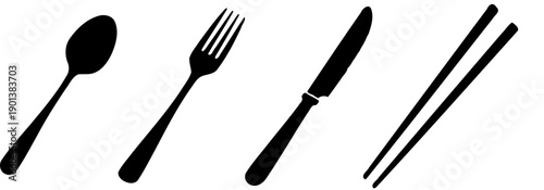 A set of utensil silhouettes including a spoon, fork, and chopsticks on transparent background