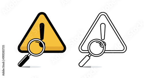 Warning sign with exclamation mark and magnifying glass inspection alert concept vector illustration search safety