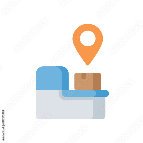 Flat minimal vector illustration of a home delivery concept with sofa, cardboard box and location pin, isolated on white background, suitable for ecommerce, courier and parcel tracking design.