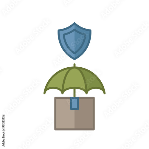 Flat vector illustration of parcel protection with box under umbrella and shield symbol, isolated on white background, suitable for cargo insurance, secure delivery and logistics services design.