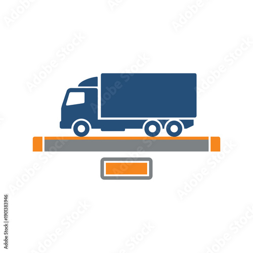Flat vector illustration of a cargo truck standing on a vehicle weighing scale platform, isolated on white background, suitable for logistics, freight control and transport safety design.