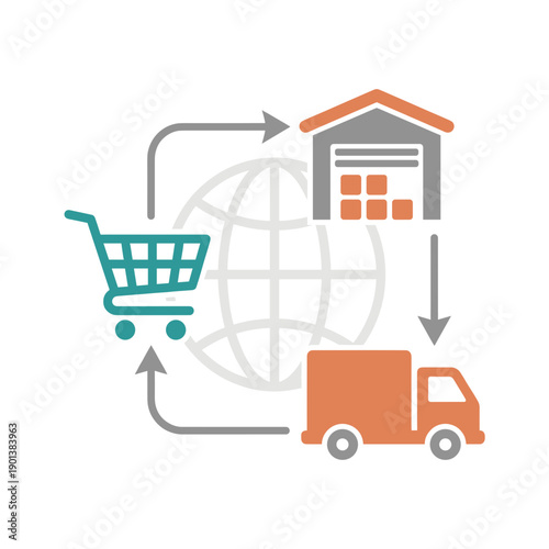 Flat vector illustration of ecommerce logistics process with shopping cart, warehouse, delivery truck and arrows around globe, isolated on white background, suitable for online shopping,