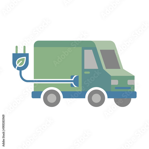 Flat vector illustration of an eco friendly electric delivery van with power plug and leaf symbol, isolated on white background, suitable for green logistics, transport and sustainable business design