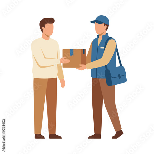 Flat vector illustration of a courier handing a cardboard package to a customer, isolated on white background, suitable for delivery service, ecommerce and logistics design.