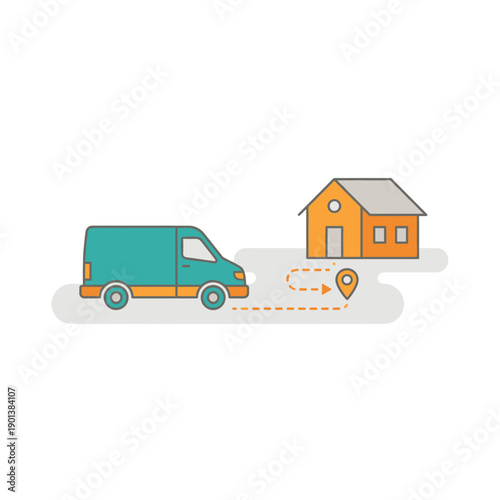 Flat vector illustration of a delivery van driving to a house with dashed route and location pin, isolated on white background, suitable for home delivery, logistics and courier service design.