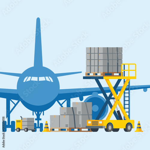 Flat vector illustration of air cargo loading with airplane, pallets, lift platform and ground handling equipment, isolated on light background, suitable for air freight, airport logistics and shipmen